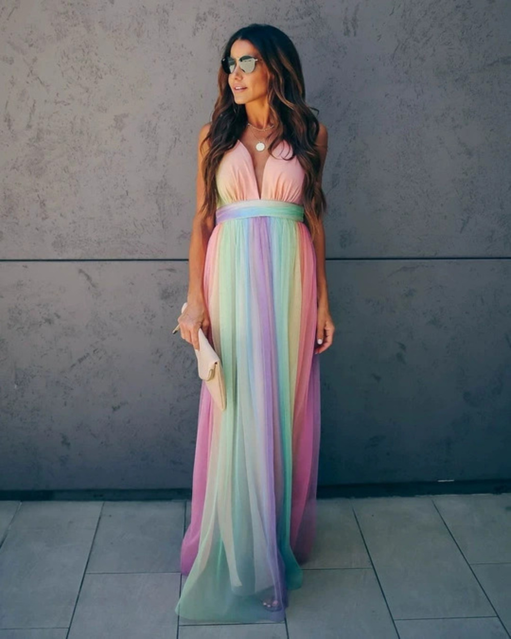 New Spring Summer Womens Sexy Deep V Rainbow Mesh Strap Dress